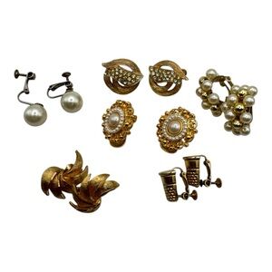 Lot of 6 Vintage Clip-On & Screw-Back Earrings – Coro, Faux Pearls,‎ Gold-Tone